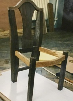 Copying an 18th century walnut chair to make up a set of eight. The basic frame was made while the timber was still square, the flowing lines of the uprights and rails were marked with templates and cut out later on.