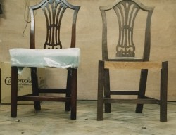 Walnut chair, original (left) and copy (right) completed and ready for polishing.