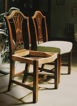 Walnut chair copy (left) after colouring and polishing to match the original (right). It was eventually upholstered to match the set.